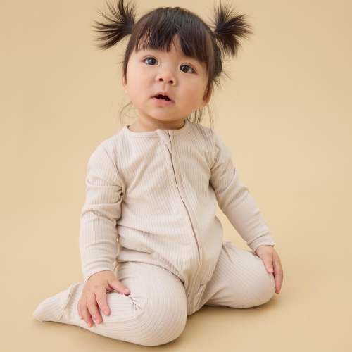 Ribbed Clever Zip Footed Baby Pajamas - Ecru