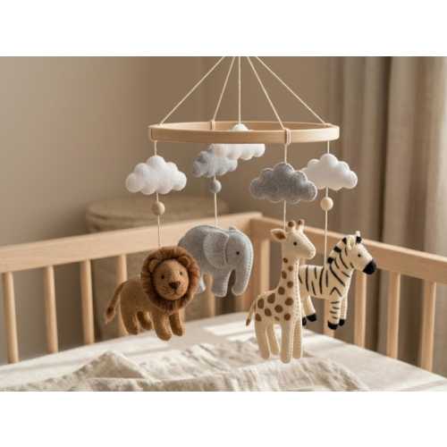Safari Baby Mobile: Safari Nursery Wall Decor Elephant Lion Giraffe Baby Shower's Gift Crib Mobile Nursery Decor Nursery Mobile Felt Animals