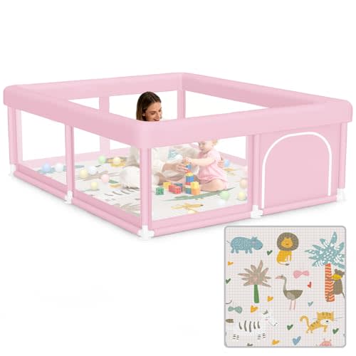 Large Baby Playpen with Mat 50"x50" Baby Girl Play Pen for Babies and Toddlers, Safe Structure and Soft, Skin-Friendly Fabric with Zipper Gates Pink