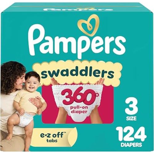 Pampers Diapers - Swaddlers 360° - Size 3, 124 Count, up to 100% Leakproof Comfy Dry Fit, Designed for Easy Changes, Pull On Baby Diaper