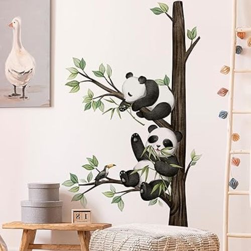 Panda Wall Sticker，Cute Cartoon Panda Wall Decal，Removable Cartoon Panda on The Tree Branch Kids Room Wall Stickers Personalize Name Wall Art Sticker，for Nursery Playroom Bedroom Decoration