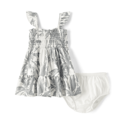Baby Girls Matching Family Palm Tree Smocked Ruffle Dress - Gray