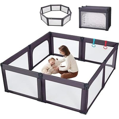Foldable Baby Playpen, Shape & Size Adjustable Playpen for Toddler, 79x71 Large Play Pens Safety Mesh Foldable Playard for Babies, Portable Baby Fence Play Area Kids Play Pen, Dark Grey