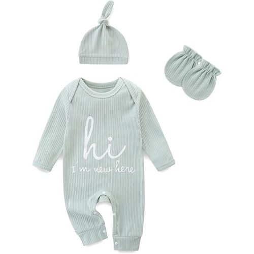 Newborn Girls and Boys Romper, Hi I’m New Here Long Sleeve Cotton Baby Clothes, Newborn Coming Home Outfit