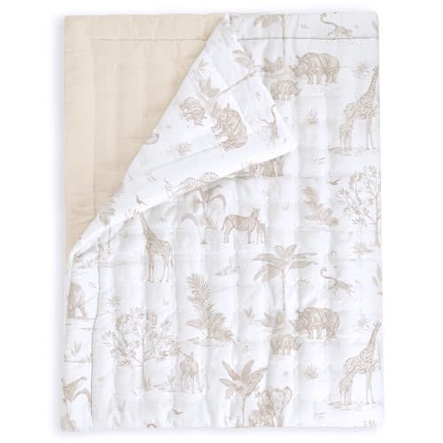 MakeMake Organics Organic Baby Comforter GOTS Certified Organic Kids Blanket Cotton Infill Tufted - Reversible Ultra Soft Breathable Boys Girls (30"x40", Safari + Solid Oat)