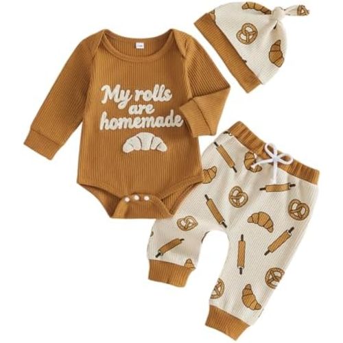 Newborn Baby Boy Clothes Football Outfits Embroidered Waffle Long Sleeve Romper Pants Hat Fall Winter 3 Piece Set