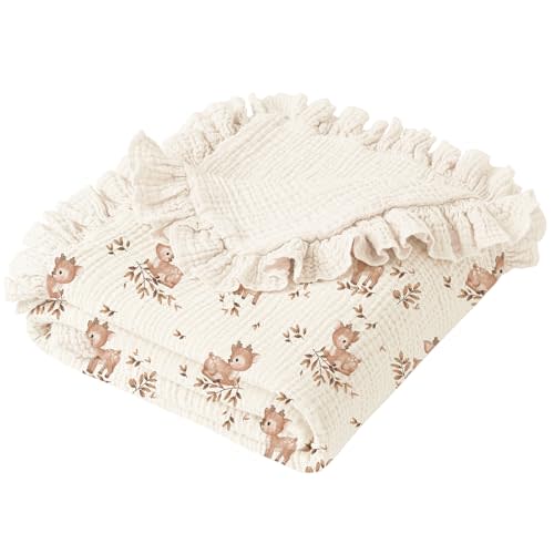 Konssy 100% Cotton Muslin Baby Blanket with Ruffle Trim for Girls, 43"x39" | Reversible Design, Ultra Soft & Lightweight, for Swaddling, Crib, Stroller & Nursery Use, from Newborn to Toddler (Deer)