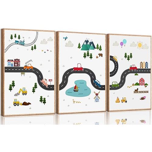 3Pcs Car Nursery Canvas Wall Art Boy Cartoon Truck Urban Transport Painting Picture Wall Decor Poster Print Artwork for Kids Room Baby Room Boys Bedroom Home Decoration Unframed
