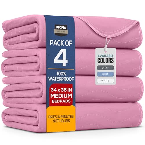 Utopia Bedding Washable Underpads 34" x 36" (Pack of 4), Waterproof Reusable Heavy Absorbency Incontinence Bed Pads for Adults, Kids, Elderly and Pets, Bedwetting Pads for Sofa and Couch (Pink)
