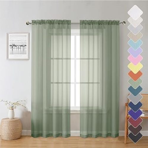 Sage Green Sheer Curtains 72 Inches Long 2 Panels Set, Rustic Voile Window Treatments for Bedroom Living Room, Dual Rod Pocket Window Curtain Drapes for Yard/Patio/Villa/Parlor, 40" W x 72" L
