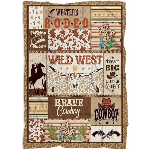 Cowboy Baby Blanket 40'' x 30'' for Boys, Brown, Beige, Polyester, 100% Microfleece, Western Pattern, Handcrafted, Lightweight, Warm, Machine Washable