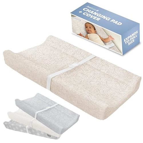 Jool Baby Soft Changing Pad + Washable Cover - (Wave Pattern, Oatmilk) | Makes Changing Time Easier With Contoured Sides & Safety Strap – Includes Machine Washable Zip-Off Cover for Easy Cleaning