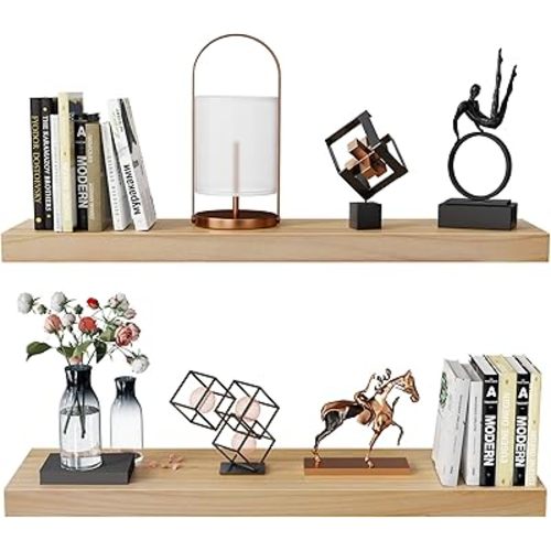 Habudda Floating Shelves for Wall, Bathroom Bedroom Kitchen Book Shelf, Rustic Wooden Home Decor Plant Display, Varnished Natural Solid Wood, Mounted Invisible Bracket, 30" Set of 2