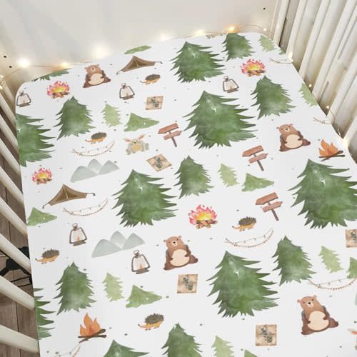 Camping Animals Baby Crib Sheets for Boy Girl 52x28 Bear Bunny Hedgehog Trees Mountain Soft Snug Fitted Crib Mattress Cover Hiking Adventure Baby Sheet for Standard Crib & Toddler Mattress