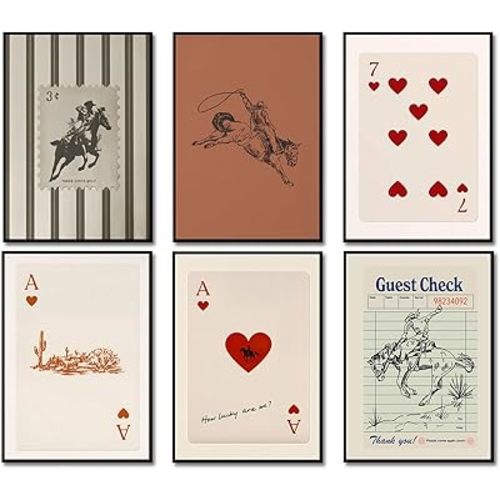 Vintage Western Cowboy Poster Set of 6, Southwestern Wall Art Playing Card Canvas Prints Mid Century Striped Western Wall Decor Paintings for Bedroom Living Room Dorm 8x10 inch Unframed