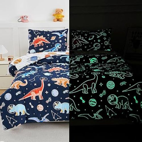 NTBED 5Pcs Glow in The Dark Kids Comforter Set Dinosaur Full Bedding Set