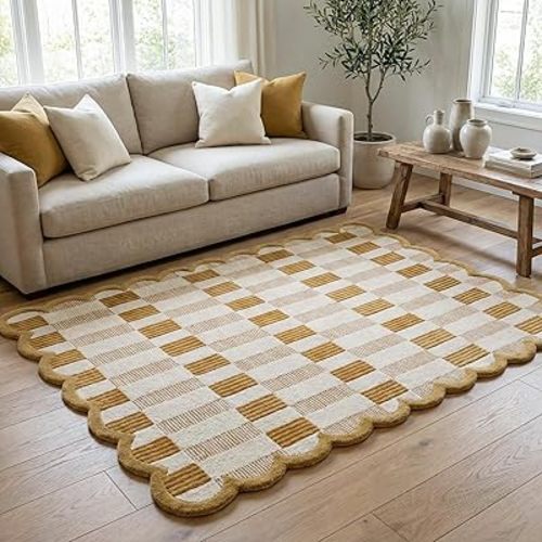 Hand-Tufted Scalloped Wool Area Rug, Modern Plaid Checkered Pattern, Soft & Durable Cozy Accent Rug for Living Room, Bedroom & Nursery, Handmade Decorative Carpet (Neutral, 4' x 6')