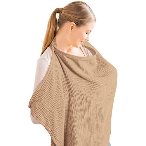 Konssy Muslin Nursing Cover for Baby Breastfeeding, Breathable 100% Cotton Breastfeeding Cover with Rigid Hoop for Mother Nursing Apron, Multi-use Carseat Canopy (Camel)