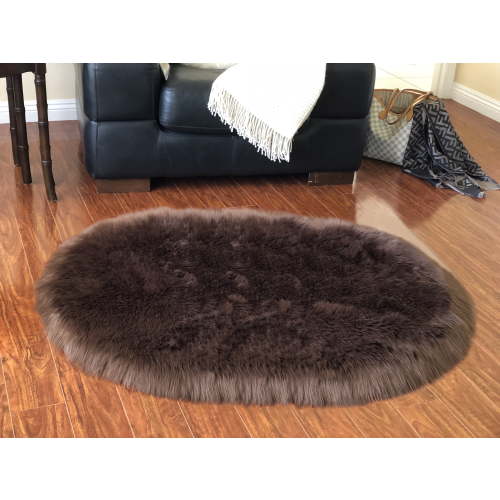 Soho Luxurious Faux Sheepskin Oval Shape Brown Shag Area Rug