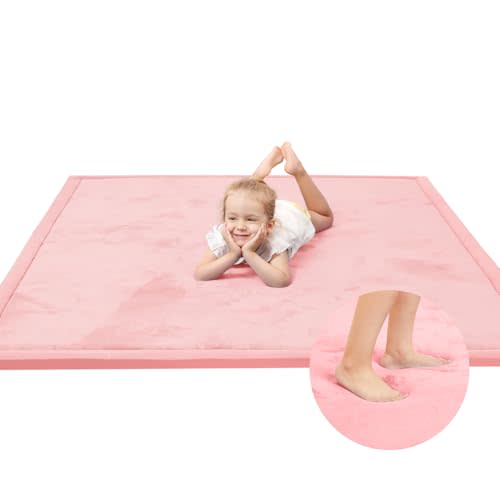 Huloo Sleep Baby Play Mat for Floor,1.3" Thick Elasti-Foam 50x50 Playpen Mat for Toddlers Infant Kids,Water-Repellent Soft Coral Velvet Tummy Time Mat,Non Slip Crawling Mat,Tatami Mat(Pink)