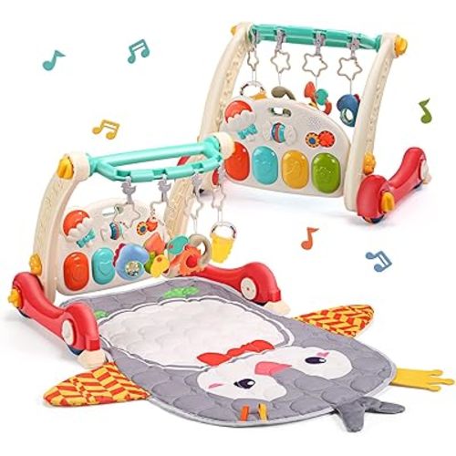 CUTE STONE Baby Play Gym & Learning Walker, Baby Play Mat with Play Piano, Musical Activity Center with Lights, Baby Push Walkers & Thin Playtime Mat for Infant Newborn Toddlers