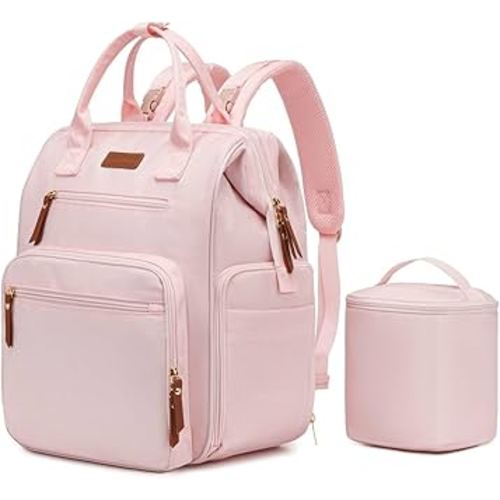 Breast Pump Bag for Spectra & Work with 14 inch Laptop Sleeve - Convertible Large Diaper Bag Backpack with Cooler Storage for Travel, Pink