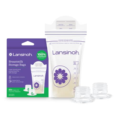 Lansinoh Breastmilk Storage Bags with 2 Pump Adapters, 6 Ounces, 50 Count | Baby Essentials, Fast Freeze & Thaw Breast Milk Bags for Baby Bottle Feeding, Strength & Stretch