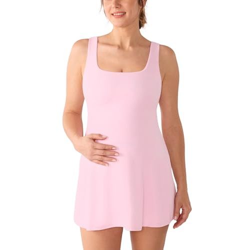 MOMANDA Active Maternity Tennis Dress Sleeveless Summer Tank Pregnancy Dress with Built-in Shorts & Side Pockets