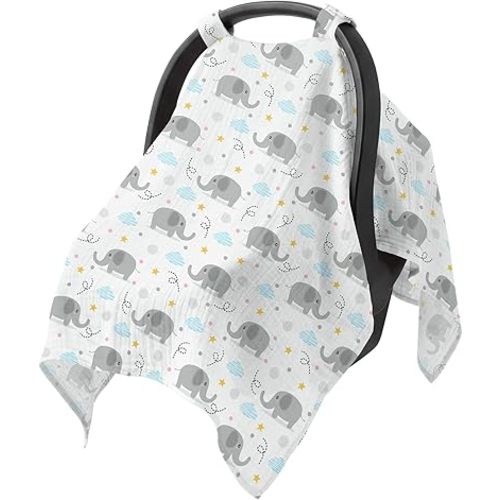 Baby Car Seat Cover - 100% Muslin Cotton Universal Breathable Canopies for Boys and Girls Soft Spring Summer Car Seat Cover Lightweight Infant Car Seat Canopy - Gray Elephants