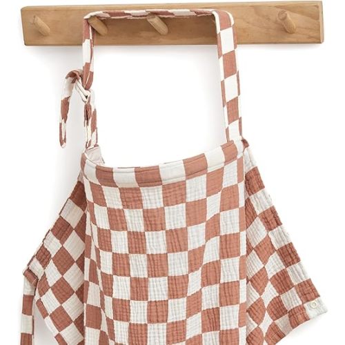 Blissful Diary Muslin Nursing Cover for Breastfeeding, Breathable Breastfeeding Cover up with Arch Neckline for Women, Nursing Apron (Brown Checkboard)