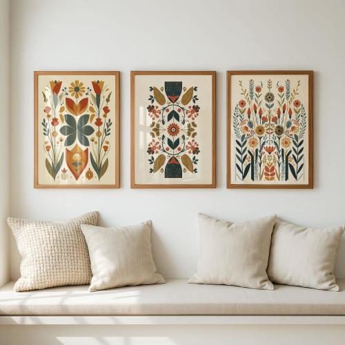 Scandinavian Folk Art Wall Art Set of 3, Nordic Botanical Prints, Neutral Earth Tone Floral Decor, Minimalist Living Room Bedroom Art