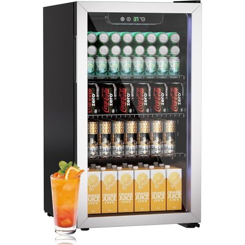 3.1 Cubic Feet/110 Can Beverage Refrigerator,17 Inch Fridge with Adjustable Shelve & LED Display for Soda Beer or Wine, Drink Refrigerator for Home Bar Office(Silver)