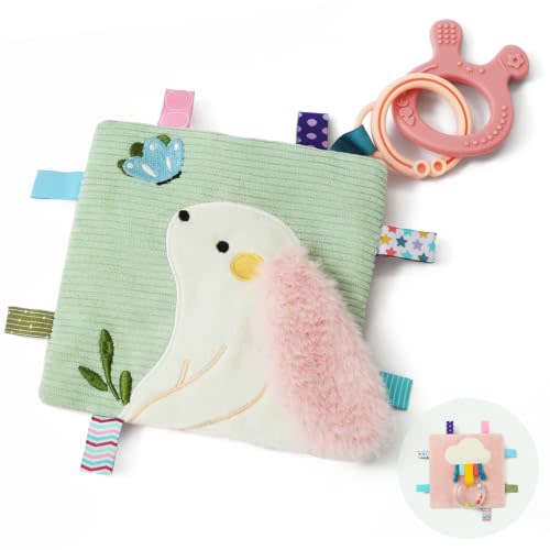 let's make Bunny Baby Lovey with Sensory Tags & Crinkle Toy, Clip-On Stroller Security Blanket Featuring Silicone Teether Newborn Gift