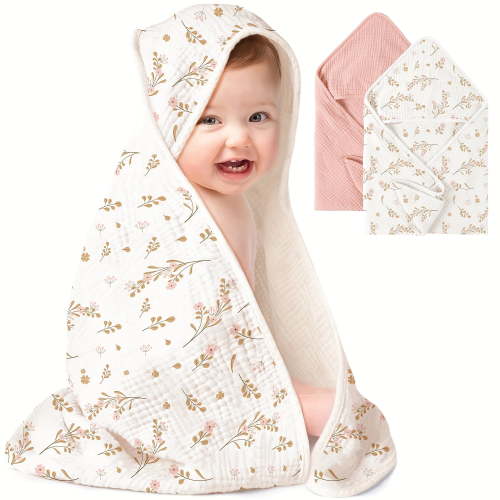 2-Pack 100% Cotton Muslin Hooded Baby Towels, Ultra-Soft & Absorbent Bath Towels with Hood for Newborns & Infants ( 30" x 30")