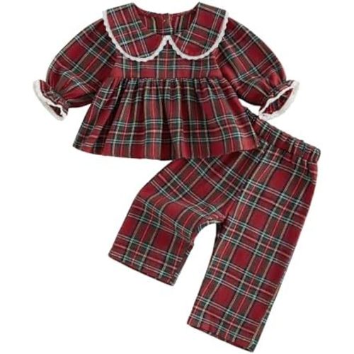 Thorn Tree Toddler Girl Christmas Outfit Long Sleeve Peter Pan Collar Dresses Tops Plaid Linen Pants Baby Winter Clothes