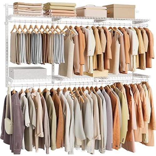 SONGMICS HOME Closet System, Closet Insert Organizer, 4-6 ft, Adjustable Metal Shelving Unit with 6 Hanging Rods, 6 Shelves, and Hooks, for Pantry Mudroom Garage Basement, Cloud White URGR032W01