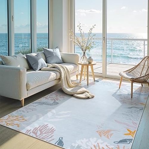 Seavish Coastal Blue Area Rugs for Living Room, 5x7 Washable Ocean Themed Rugs for Bedroom Aesthetic, Low Pile Soft Nautical Nursery Rug, Non Slip Velvet Carpet for Playroom Home Office Entryway