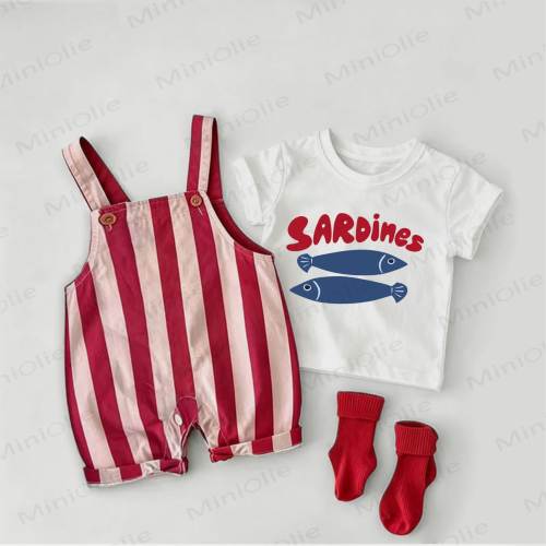 SARDINES Baby Sardines Print Red Stripe Overalls and White Tee 2-piece Set
