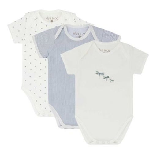 Ely's & Co. Cotton Baby Boy Short Sleeves Bodysuits-Undershirts Blue - 3 Pack, Stripes, Diamonds, Dragonfly