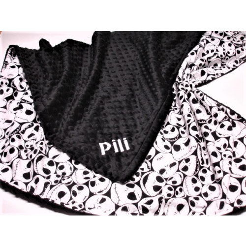 Personalized Jack Baby Blanket, Packed Skulls, Toddler Gift, Cotton and Minky Gothic Theme Bedding