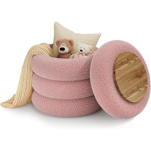 Soft Teddy Round Ottoman with Tray, 17.5 Inches Ottoman Coffee Table with Storage for Living Room, Vanity Stool with Storage Bedroom, Load up to 300 lb, No Assembly Required (Dusty Pink)