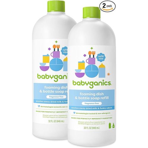 Babyganics Foaming Dish & Bottle Soap, Fragrance Free, Removes Dried Milk, 32 Fl Oz (Pack of 2), Packaging May Vary