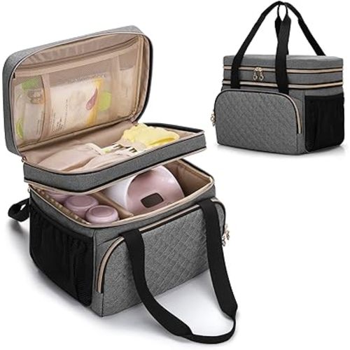 Luxja Double Layer Breast Pump Bag Compatible with Spectra S1 and S2, Pump Bag for Breast Pump and Extra Parts (Suitable for Home or Travel Use, Patent Design, Bag Only), Gray