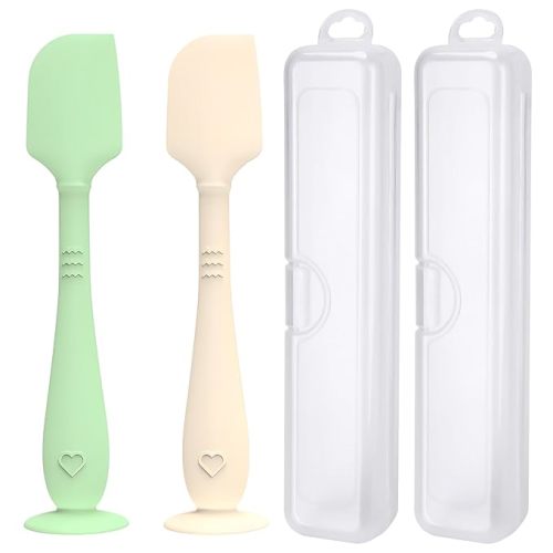 2 Pack Diaper Cream Spatula with Hygienic Travel Case, Butt Spatula Baby with Suction Base, Baby Butt Paste Spatula, Soft Silicone Diaper Rash Cream Applicator Large Size (Green & Offwhite)