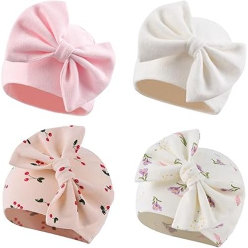 Bamery Newborn Baby Girl Hat Cotton Baby Bow Beanie Preemie Hats Spring Infant Hats for Girls 0-12 Months