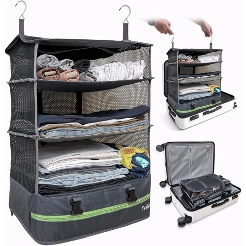 Stow-N-Go Portable Hanging Travel Shelves, Packing Organizer for Luggage. Carry on Closet for Clothes. Expandable Packing Cube. Travel Essentials. Dak Gray - XL