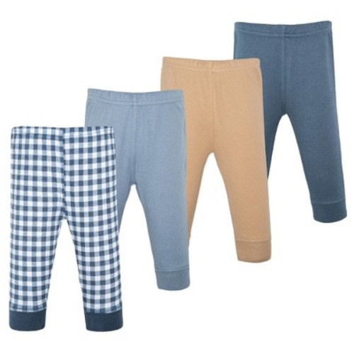 Hudson Baby Basics Infant Boy Comfy Cotton Pants 4-Pack, Sky Gingham, 0-3 Months