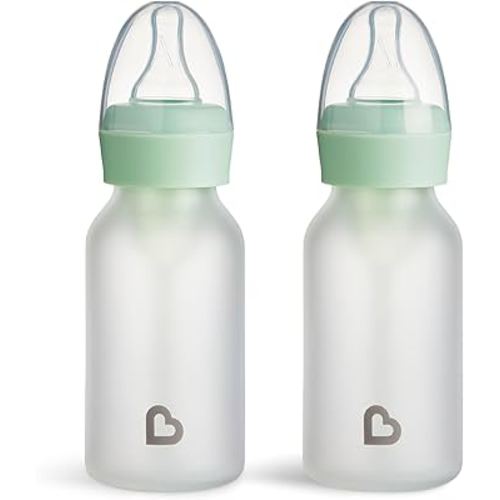 Munchkin Bond Silicone Coated Glass Baby Bottles - Anti-Colic Feeding System with Natural Feel Nipples, 4 Ounce, 2 Pack, Mint/Green
