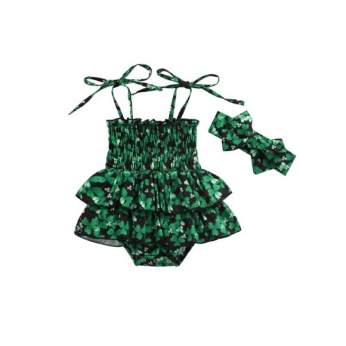 Calsunbaby Toddler Baby Girls Romper Dress Clover Bodysuit Headband 2pcs St. Patrick's Day Outfits Set Green 12-18 Months