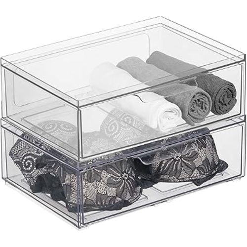 mDesign Plastic Wide Stackable Closet Storage Organizer Bin Containers with Front Pull Drawer for Cabinet, Desk, Shelf, Cupboard, or Dresser Organization, Lumiere Collection, 2 Pack - Clear